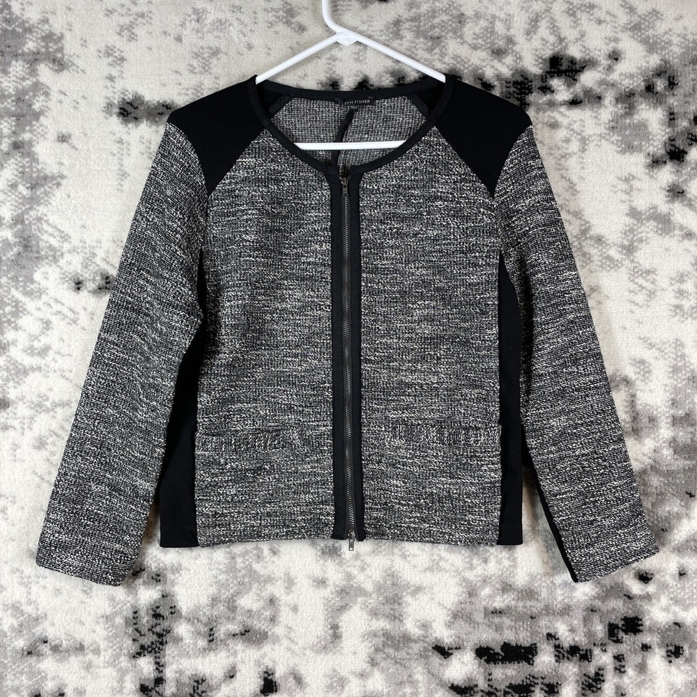 Eileen Fisher Collarless Jacket Womens Size Large Knit Cototn Acrylic Poly